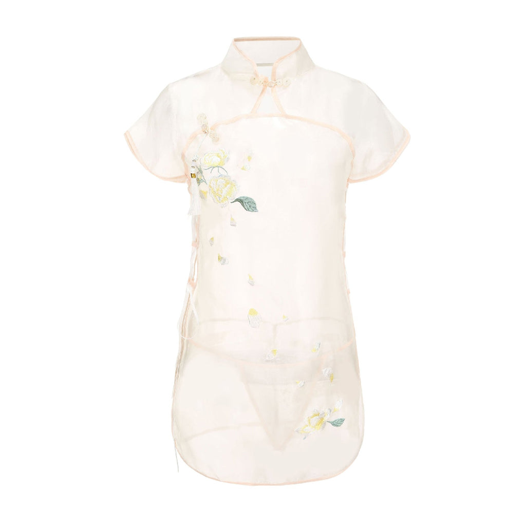 Yomorio Sexy Floral Embroidery Lingerie Dress Sheer Mesh Side Slit Chinese Dresses