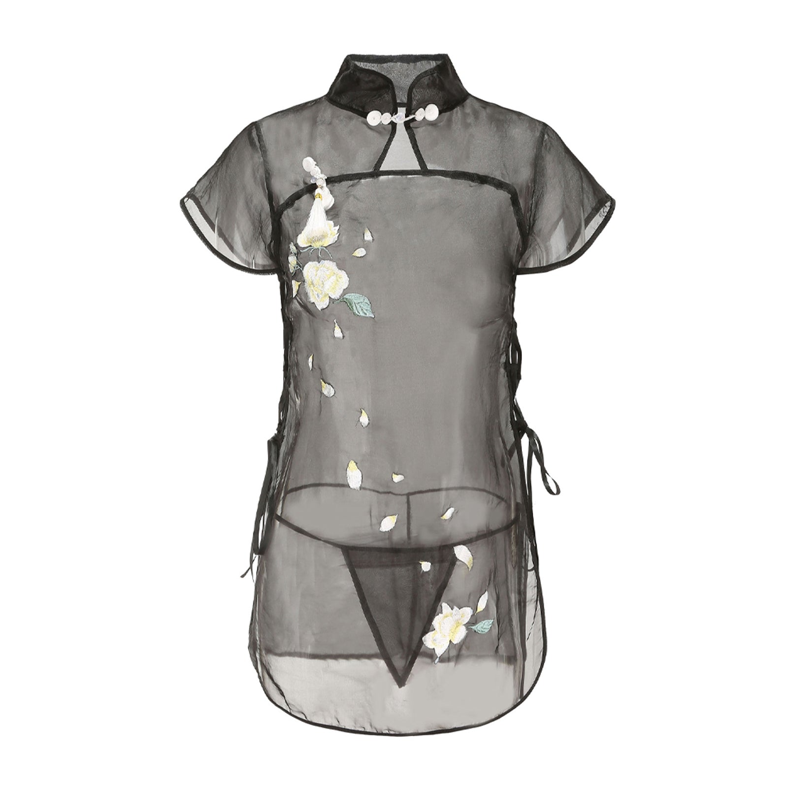 Yomorio Sexy Floral Embroidery Lingerie Dress Sheer Mesh Side Slit Chinese Dresses