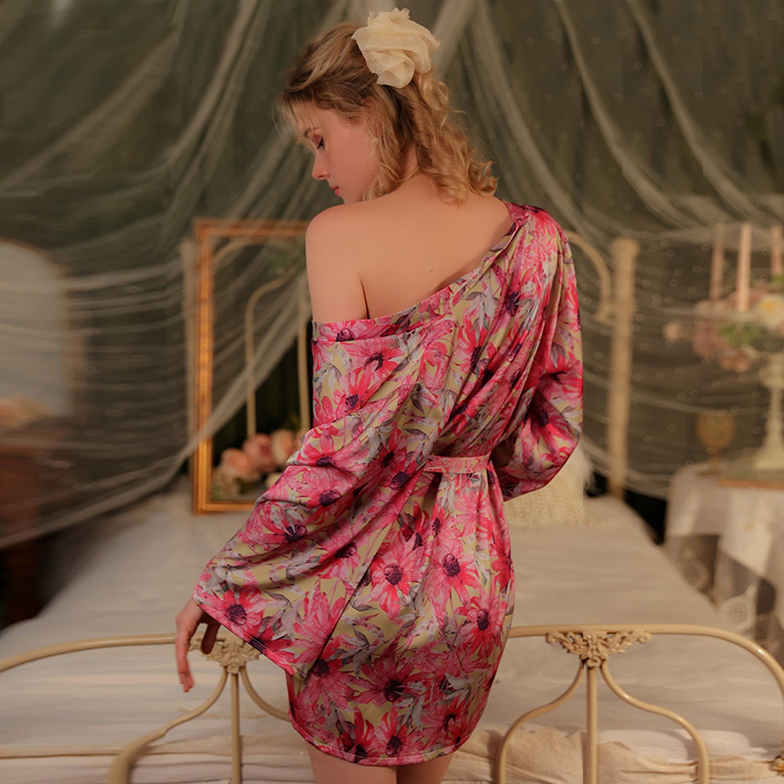 Yomorio Sexy Japanese Kimono Satin Bloom Print Robe Yukata Costumes Pajamas