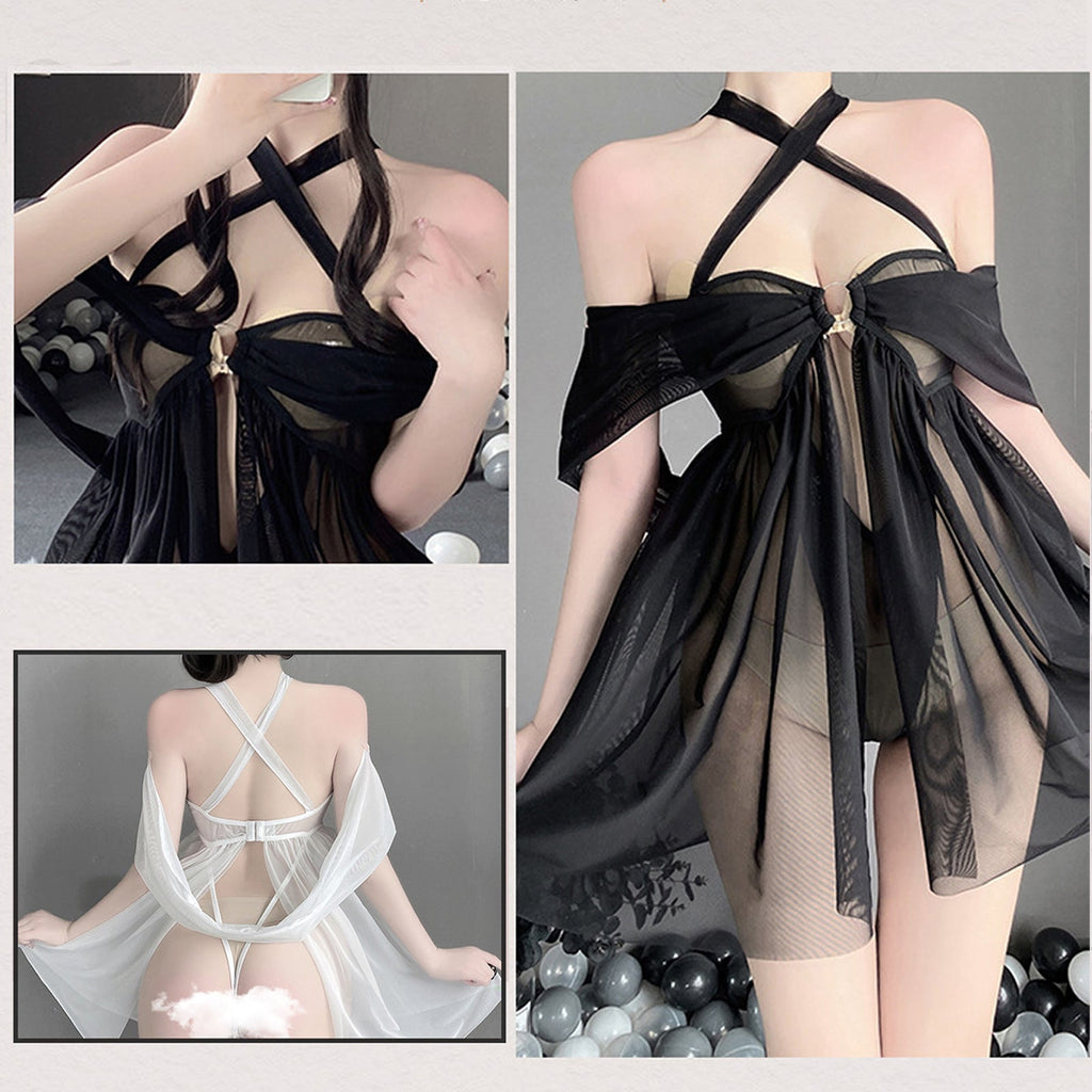 Yomorio Sheer Mesh Babydoll Lingerie Criss Cross Halter Nighties Teddy Dress