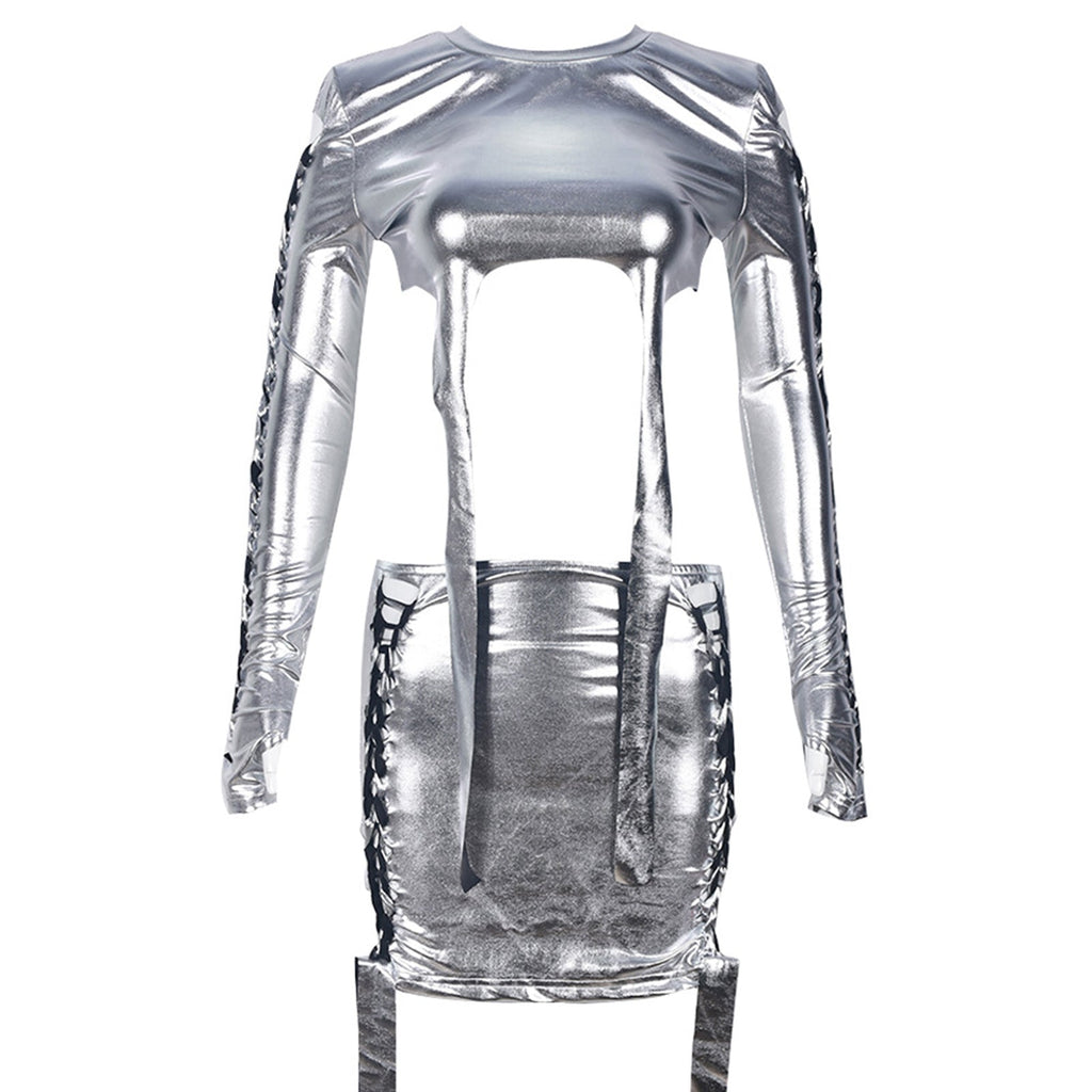 Yomorio Silver Chrome Metallic Skirt Set Long Sleeve Two Piece Rave Outfits Sexy EDM Outfits