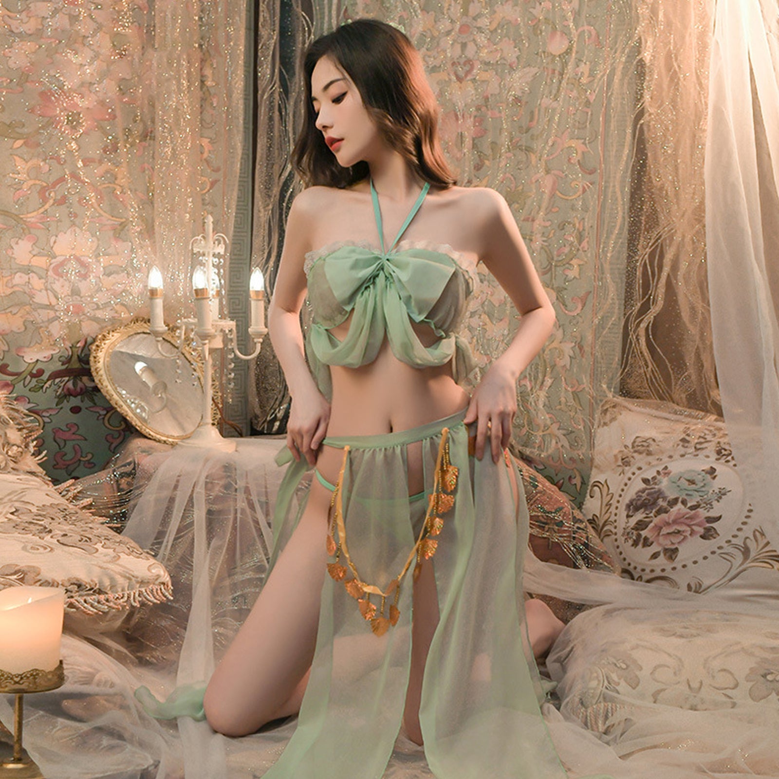 Yomorio Vintage Princess Costume Arabian Erotic Lingerie Set Sexy Bandeau Top with Slit Skirt