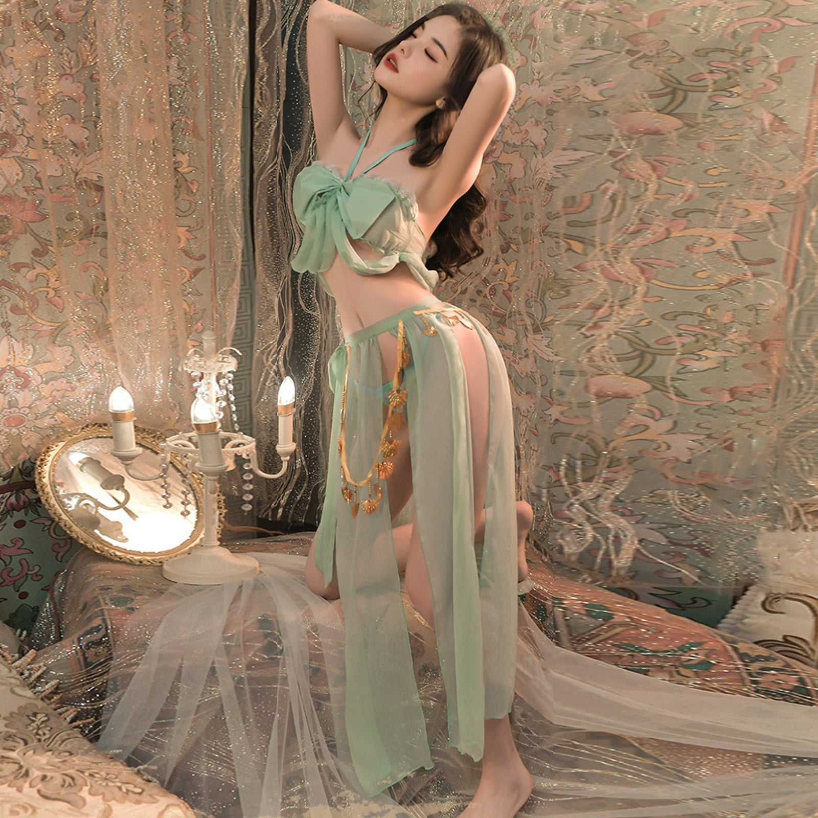 Yomorio Vintage Princess Costume Arabian Erotic Lingerie Set Sexy Bandeau Top with Slit Skirt