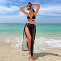 Yomorio Women's 3 Piece Bikini Set Black Strappy Swimsuit with Sheer Mesh Skirt Cover Ups